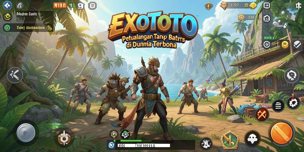 Screenshot gameplay EXOTOTO menampilkan dunia terbuka yang luas dan menakjubkan.