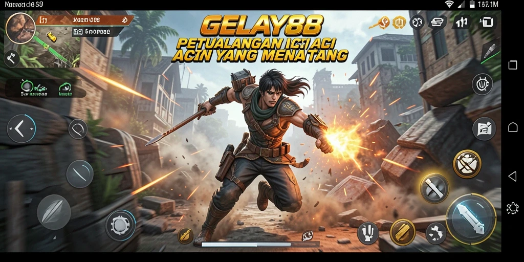 Screenshot utama GELAY88 menampilkan aksi intens di tengah pertarungan.