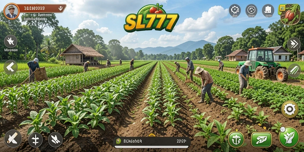 Tampilan gameplay SL777 yang menampilkan kebun yang subur dan hewan ternak.